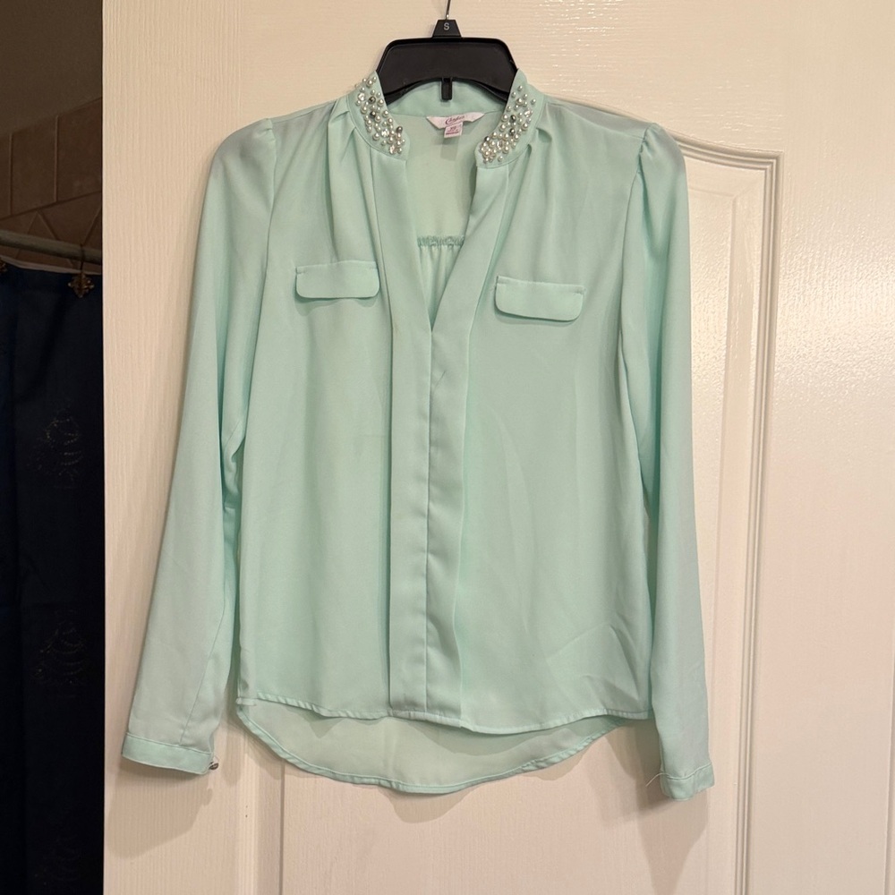 Mint Green Embellished Collar Blouse